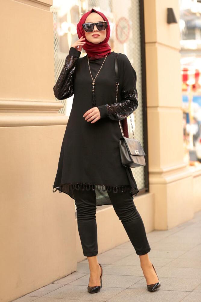 Nayla Collection - Pul Payetli Siyah Tesettür Tunik 4007S - 1