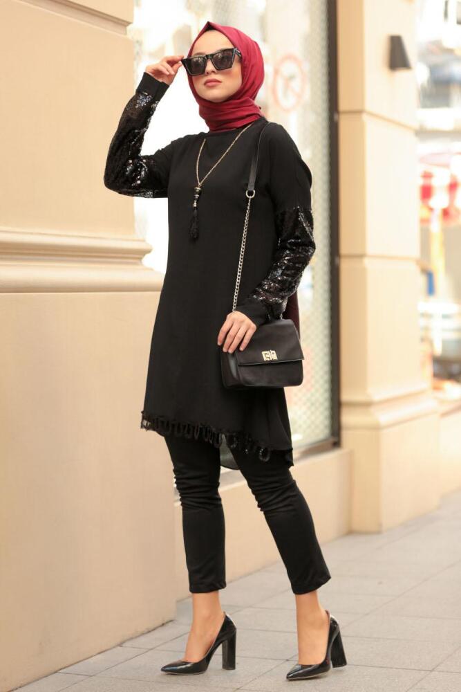 Nayla Collection - Pul Payetli Siyah Tesettür Tunik 4007S - 2