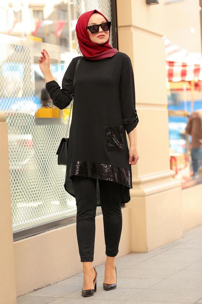 Nayla Collection - Pul Payetli Siyah Tesettür Tunik 40090S - 1