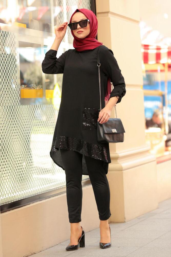 Nayla Collection - Pul Payetli Siyah Tesettür Tunik 40090S - 2