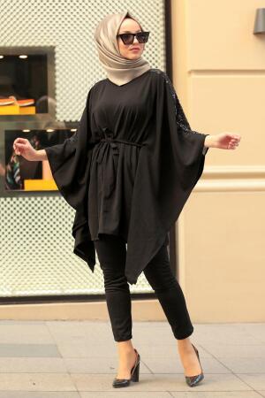 Nayla Collection - Pul Payetli Siyah Tesettür Tunik 40481S - 1