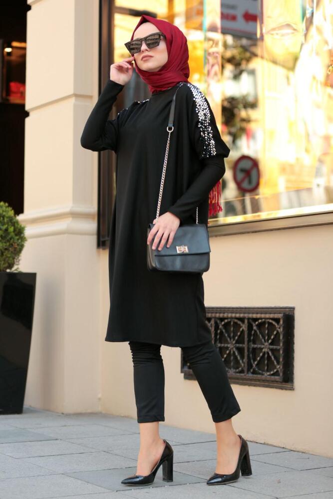 Nayla Collection - Pul Payetli Siyah Tesettür Tunik 5129S - 2