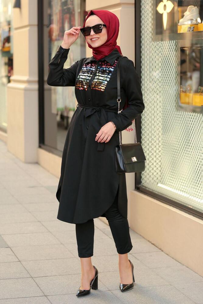 Nayla Collection - Pul Payetli Siyah Tesettür Tunik 5448S - 2