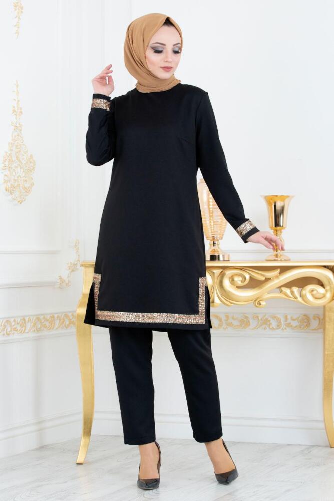 Nayla Collection - Pul Payetli Siyah Tunik/Pantolon Tesettür Takım 5417S - 1