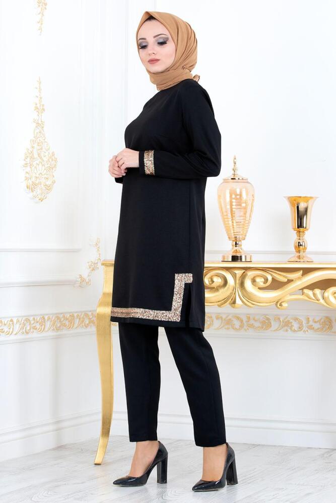 Nayla Collection - Pul Payetli Siyah Tunik/Pantolon Tesettür Takım 5417S - 2
