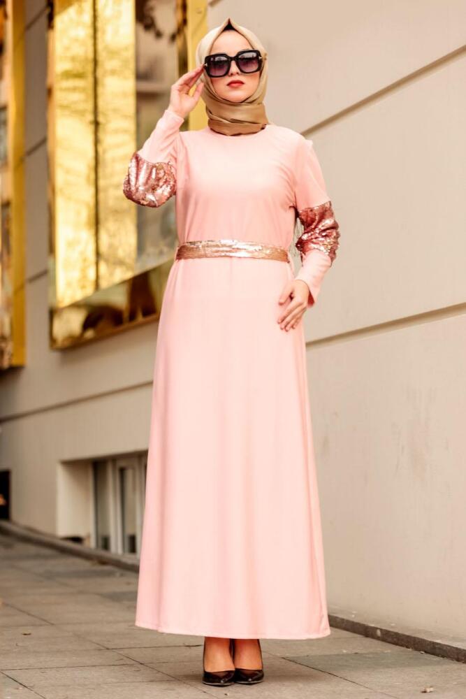 Nayla Collection - Pul Payetli Somon Tesettür Elbise 1002SMN - 2