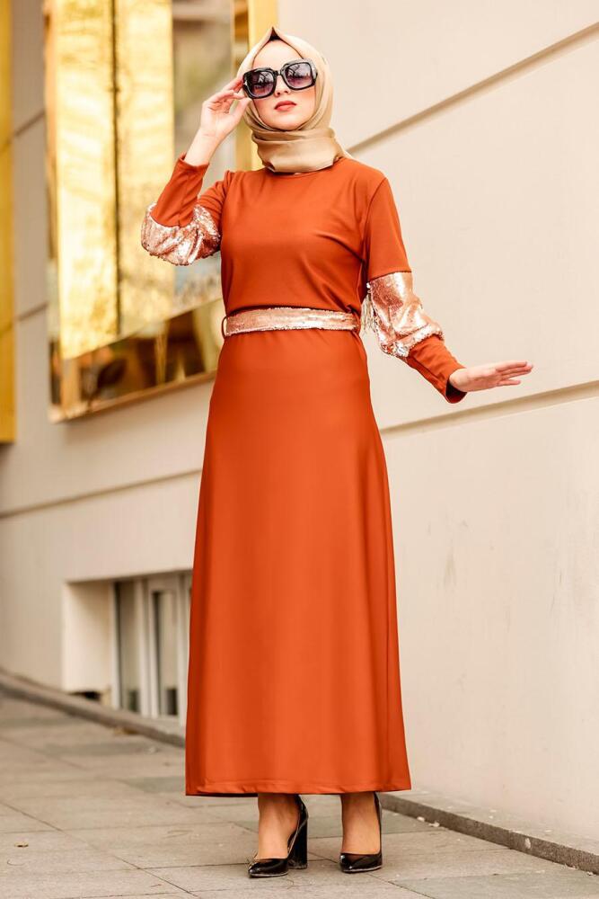 Nayla Collection - Pul Payetli Taba Tesettür Elbise 1002TB - 1