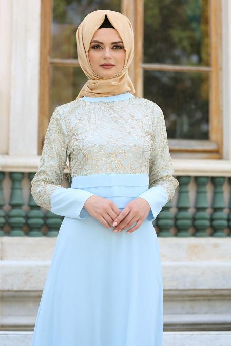 Nayla Collection - Pullu İşlemeli Bebek Mavisi Abiye Elbise - 2369BM - 2