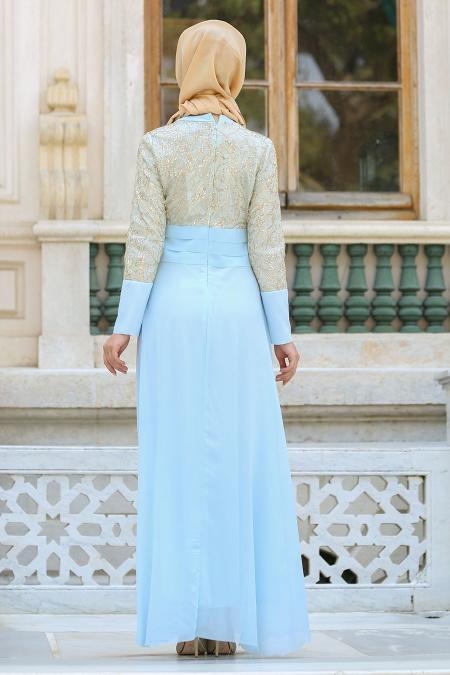 Nayla Collection - Pullu İşlemeli Bebek Mavisi Abiye Elbise - 2369BM - 3