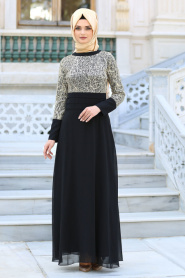 Nayla Collection - Pullu İşlemeli Siyah Abiye Elbise - 2369S - Thumbnail