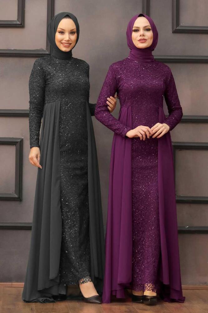 Nayla Collection - Pullu Mor Tesettür Abiye Elbise 90000MOR - 4