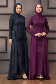 Nayla Collection - Pullu Mor Tesettür Abiye Elbise 90000MOR - Thumbnail