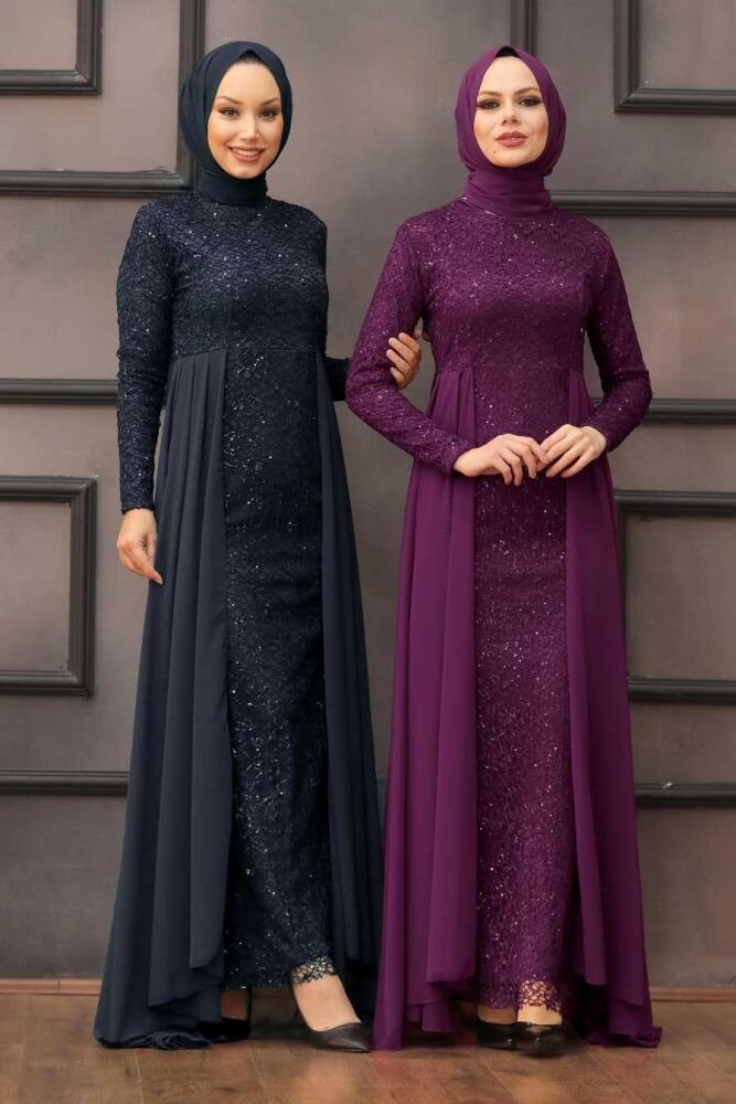 Nayla Collection - Pullu Mor Tesettür Abiye Elbise 90000MOR - 5