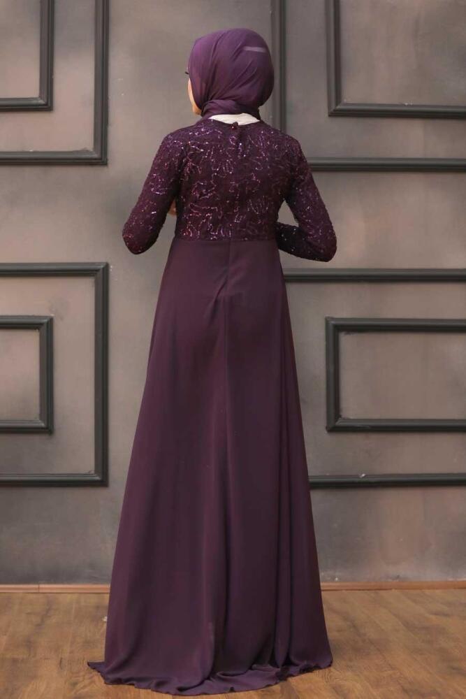 Nayla Collection - Pullu Mor Tesettür Abiye Elbise 90000MOR - 6