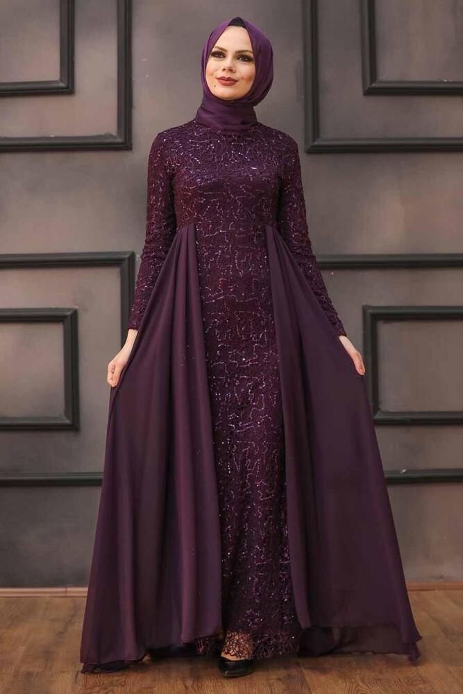 Nayla Collection - Pullu Mor Tesettür Abiye Elbise 90000MOR - 2