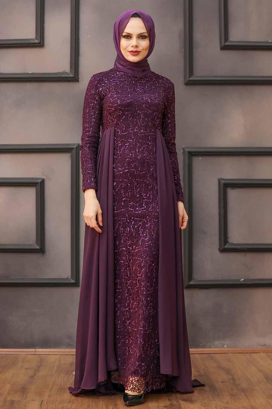 Nayla Collection - Pullu Mor Tesettür Abiye Elbise 90000MOR