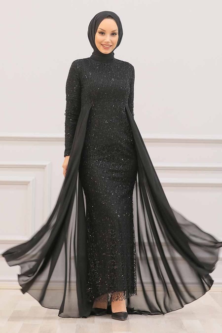 Nayla Collection - Pullu Siyah Tesettür Abiye Elbise 90000S