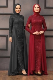 Nayla Collection - Pullu Siyah Tesettür Abiye Elbise 90000S - Thumbnail
