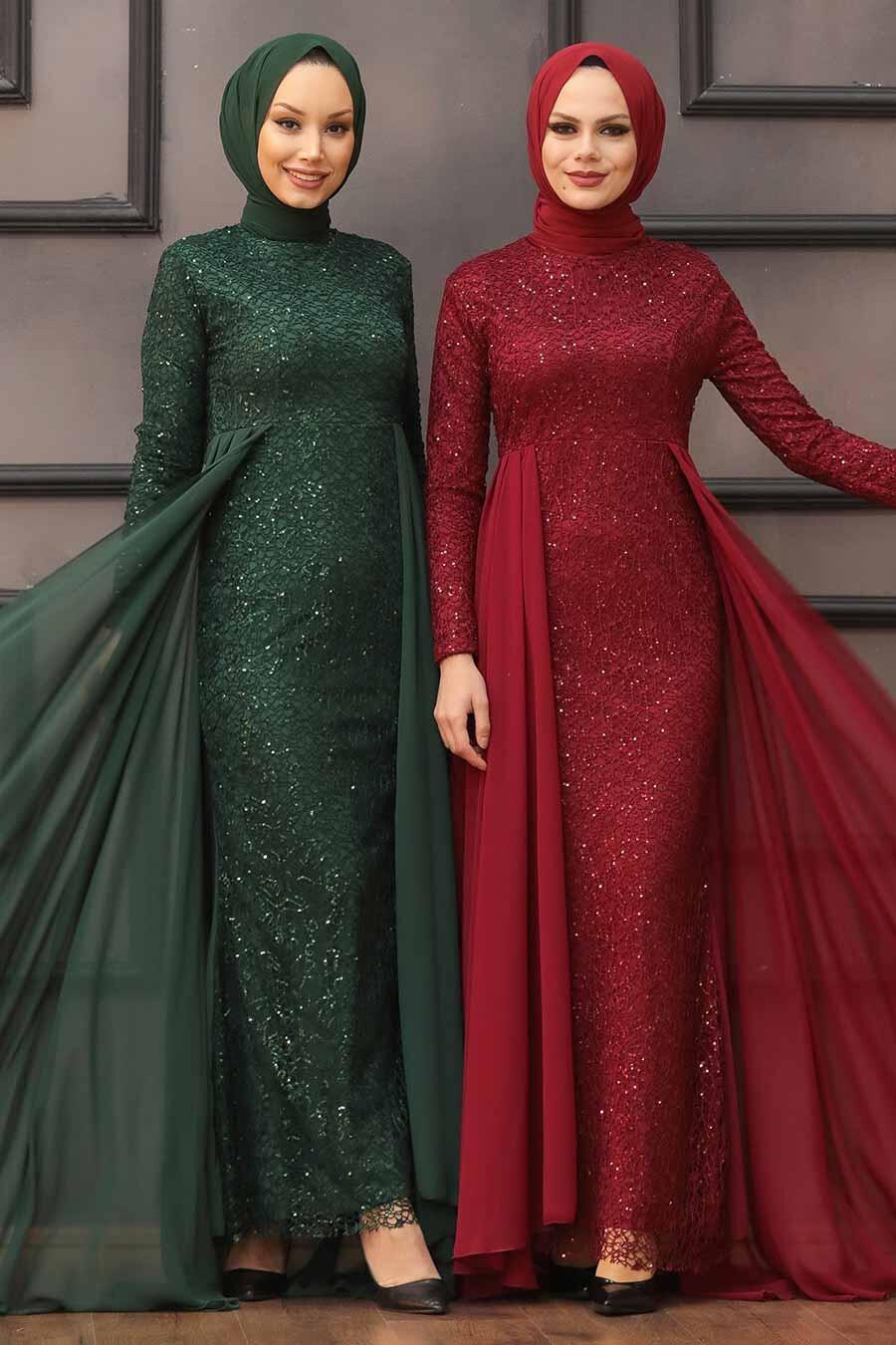 Nayla Collection - Pullu Yeşil Tesettür Abiye Elbise 90000Y