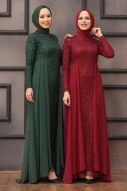 Nayla Collection - Pullu Yeşil Tesettür Abiye Elbise 90000Y - Thumbnail