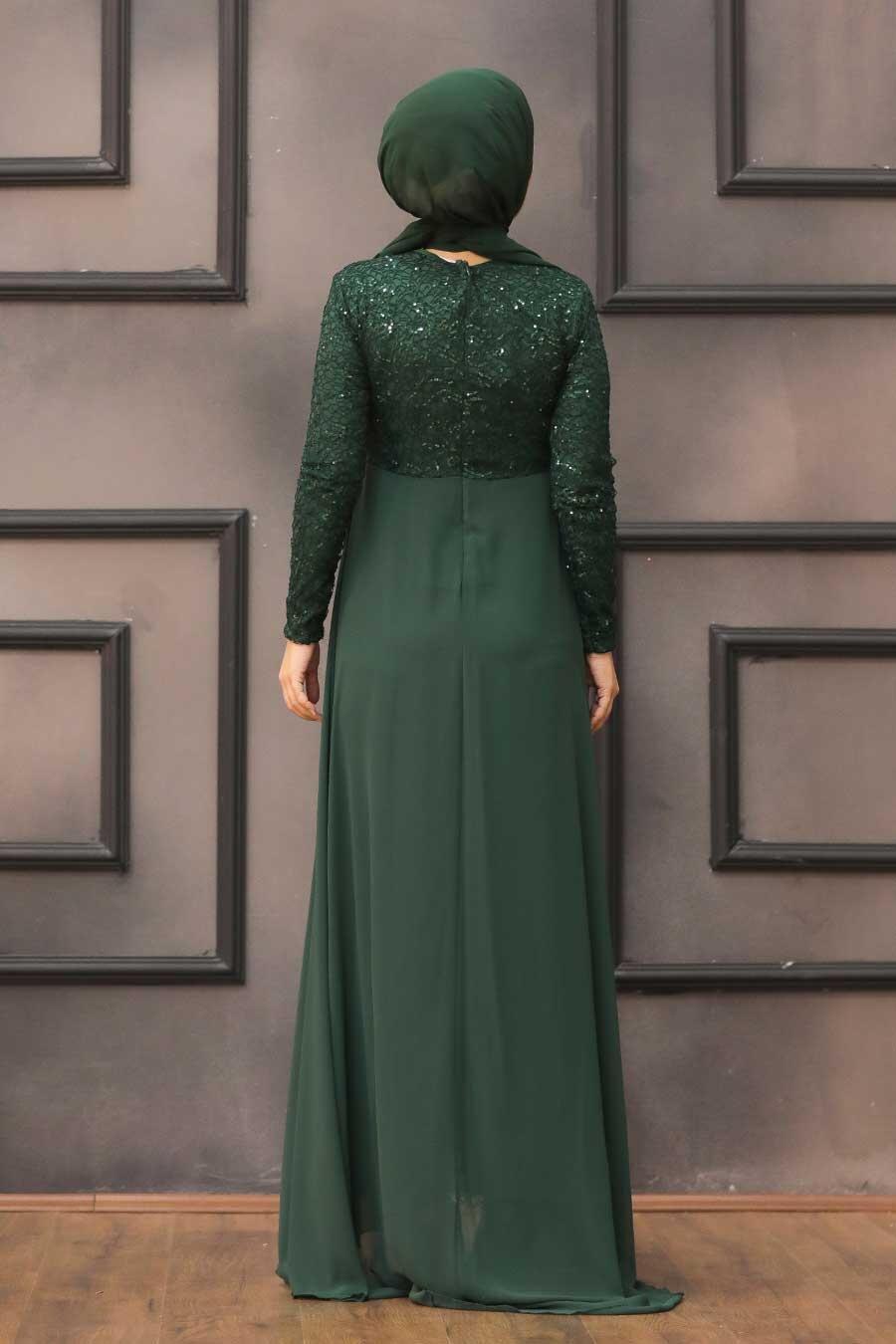 Nayla Collection - Pullu Yeşil Tesettür Abiye Elbise 90000Y