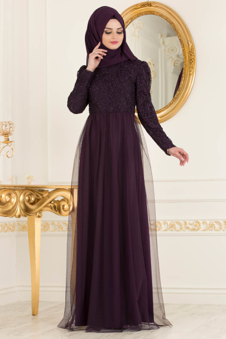 Nayla Collection - Purple Hijab Evening Dress 37098MOR