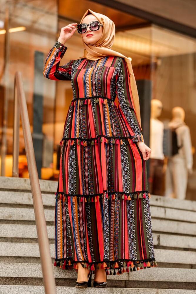 Nayla Collection - Püskül Detaylı Desenli Tesettür Elbise 3195DSN - 1