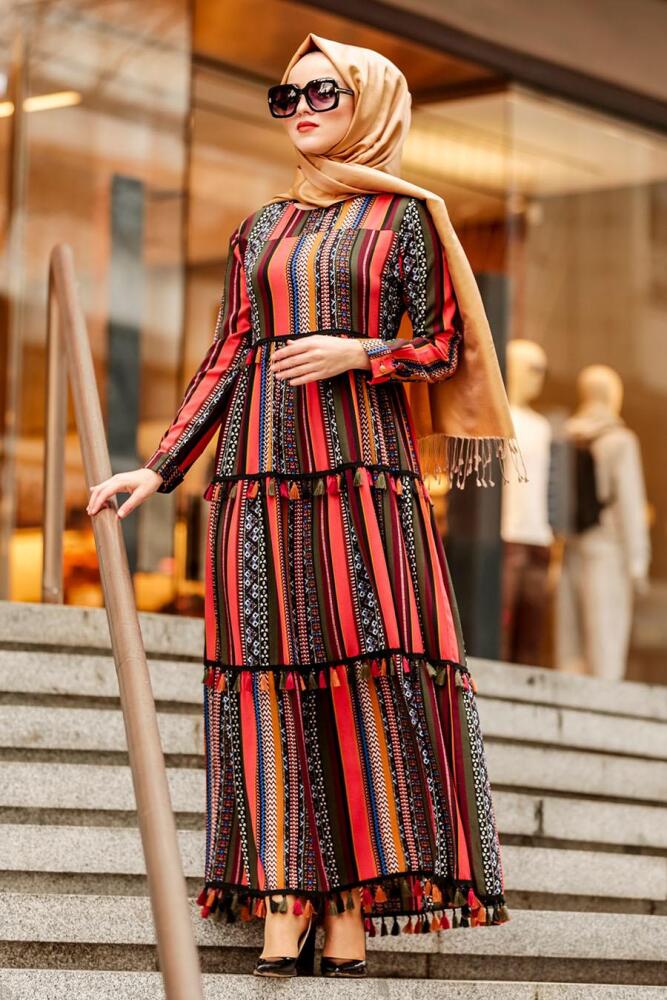 Nayla Collection - Püskül Detaylı Desenli Tesettür Elbise 3195DSN - 2