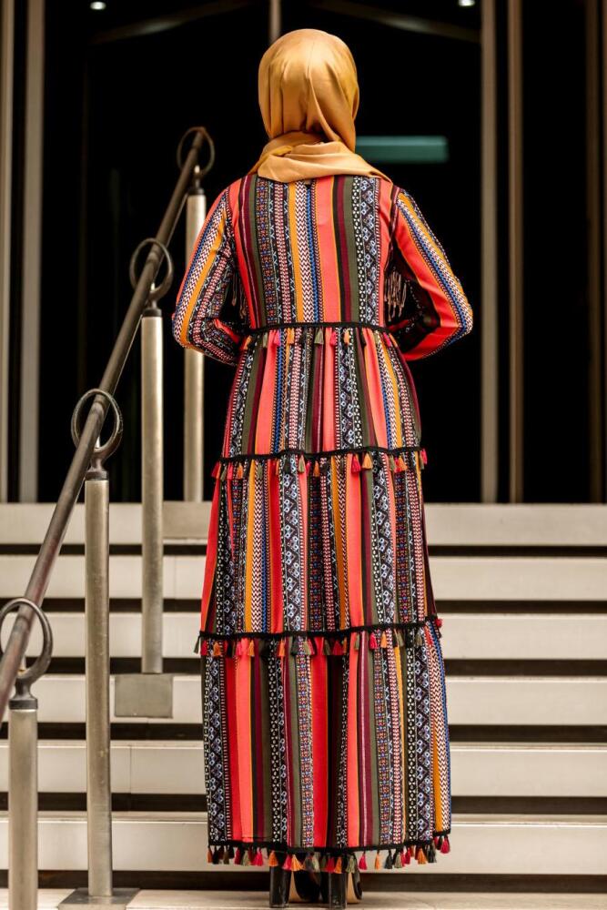 Nayla Collection - Püskül Detaylı Desenli Tesettür Elbise 3195DSN - 3