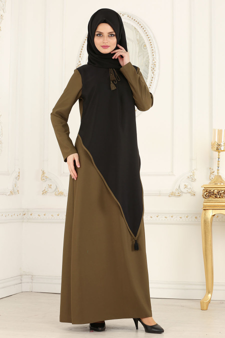 Nayla Collection - Püskül Detaylı Haki Tesettür Elbise 42260HK