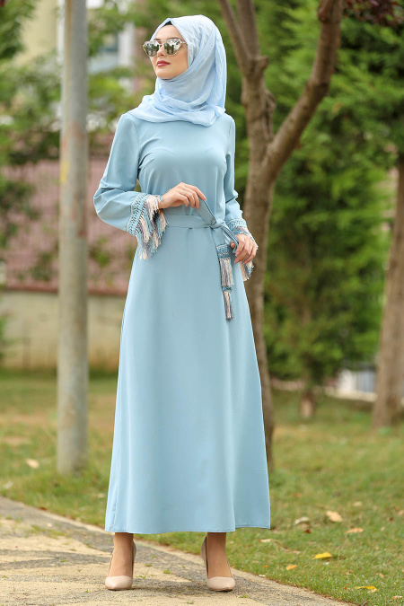 Nayla Collection - Püskül Detaylı Mavi Tesettür Elbise 100418M