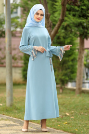 Nayla Collection - Püskül Detaylı Mavi Tesettür Elbise 100418M - Thumbnail