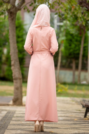 Nayla Collection - Püskül Detaylı Pudra Tesettür Elbise 100418PD - Thumbnail