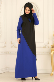 Nayla Collection - Püskül Detaylı Sax Mavisi Tesettür Elbise 42260SX - Thumbnail