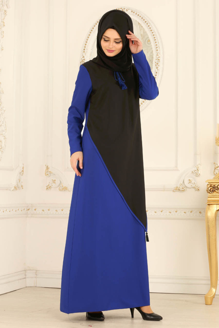 Nayla Collection - Püskül Detaylı Sax Mavisi Tesettür Elbise 42260SX