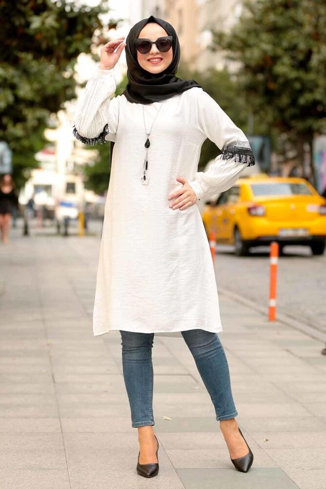 Nayla Collection - Püsküllü Ekru Tesettür Tunik 3593E - 1