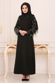 Nayla Collection - Püsküllü Siyah Tesettür Elbise 40640S - Thumbnail