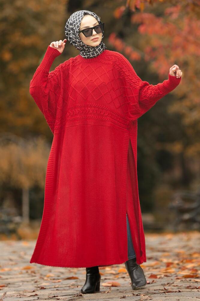 Nayla Collection - Red Hijab Knitwear Poncho 15598K - 1