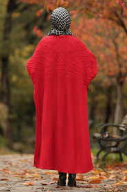 Nayla Collection - Red Hijab Knitwear Poncho 15598K - Thumbnail