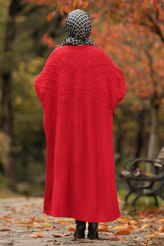 Nayla Collection - Red Hijab Knitwear Poncho 15598K - 3