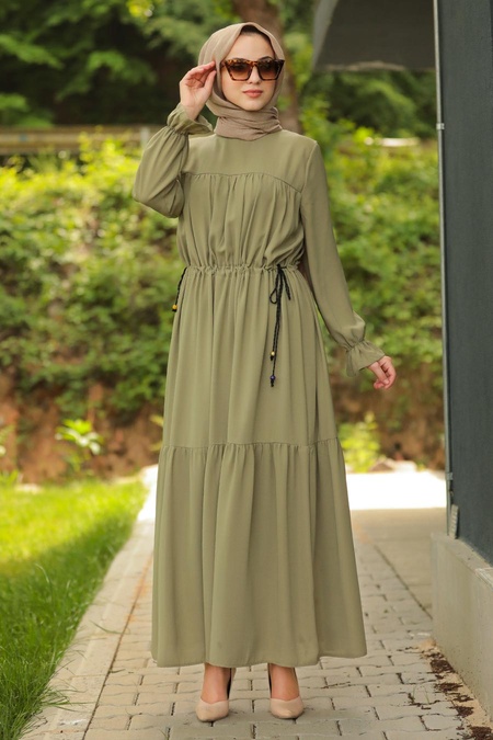 Nayla Collection - Robalı Haki Tesettür Elbise 19089HK