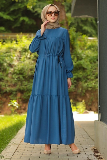 Nayla Collection - Robalı İndigo Mavisi Tesettür Elbise 19089IM