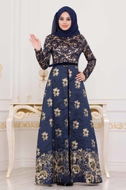 Nayla Collection - Robe de soirée islamique bleu marine 82457L - Thumbnail