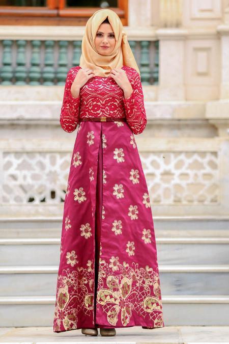 Nayla Collection - Robe de soirée islamique rouge bordeaux 82457BR