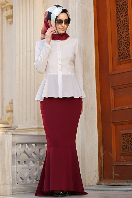 Nayla Collection - Rouge Bordeaux Jupe / Chemisier Combination Hijab 4029BR