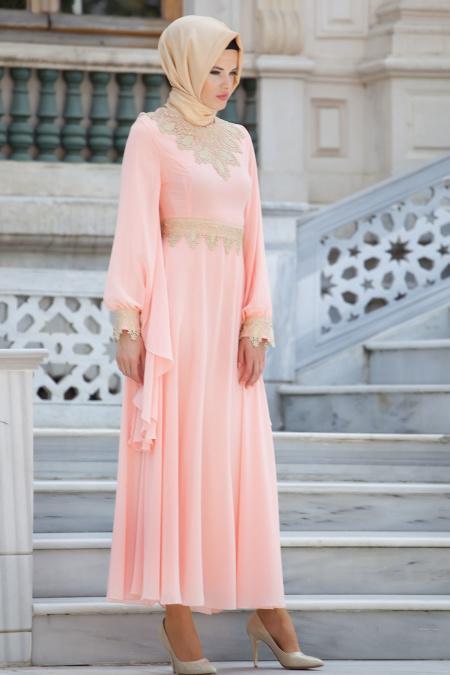 Nayla Collection - Salmon Pink Hijab Dress 4173SMN - 2