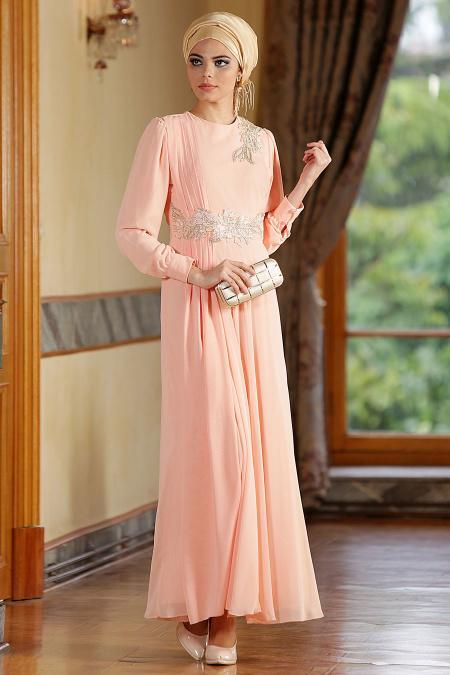 Nayla Collection - Salmon Pink Hijab Dress 7009SMN - 2