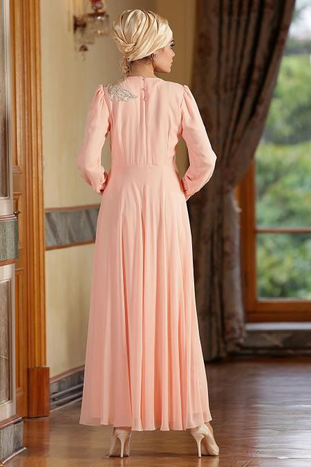 Nayla Collection - Salmon Pink Hijab Dress 7009SMN - 3