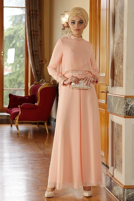 Nayla Collection - Salmon Pink Hijab Dress 7010SMN