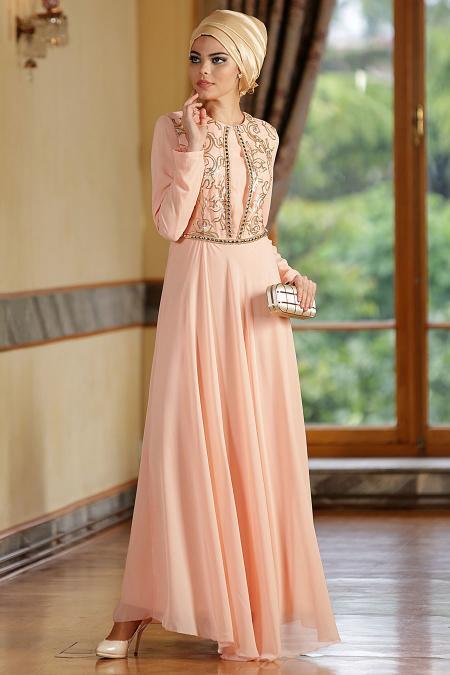 Nayla Collection - Salmon Pink Hijab Dress 7011SMN - 2